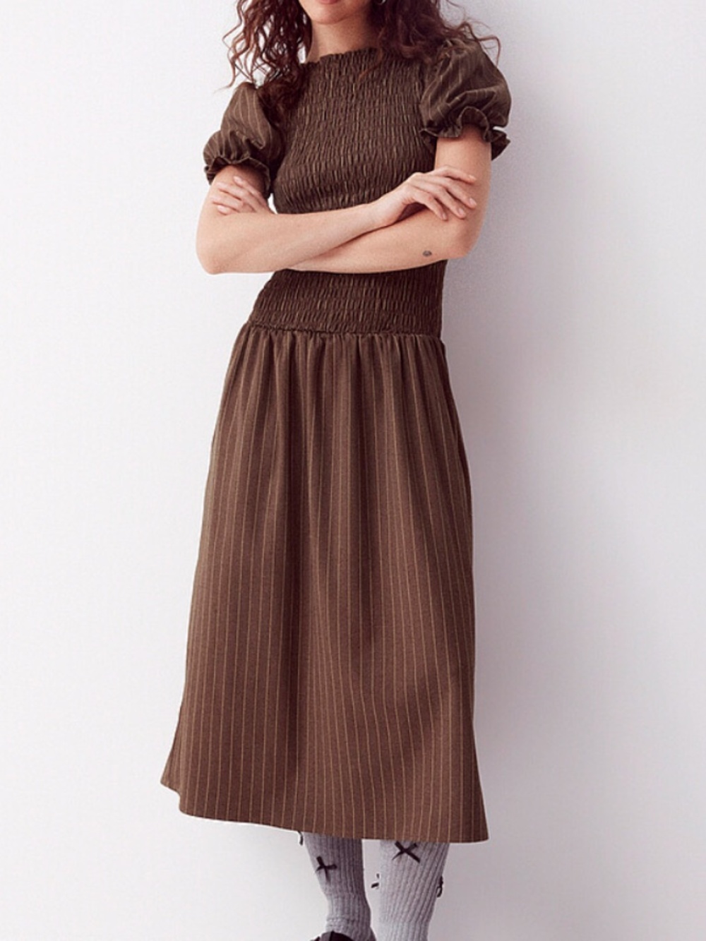 Daisy Street chocolate brown striped smocked midi dress NWT